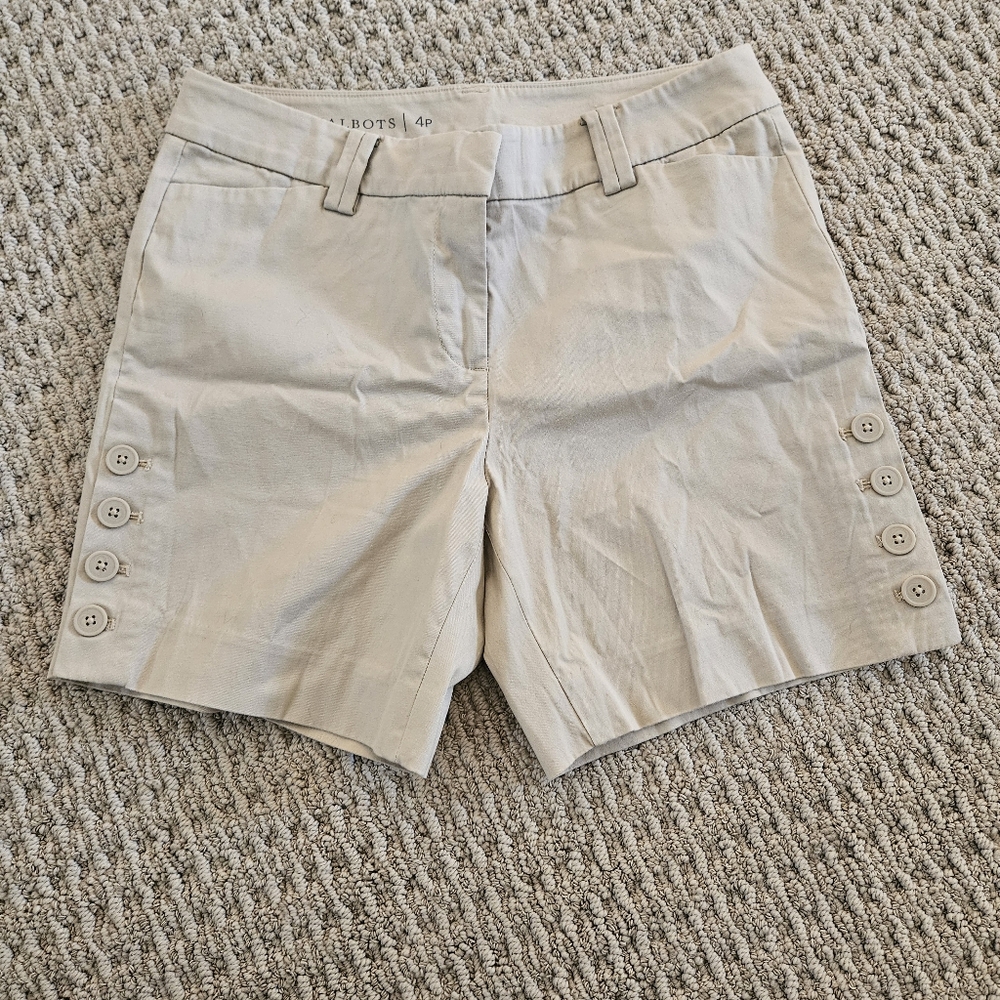 Khaki Talbots Button Side Flat Front Petite Shorts